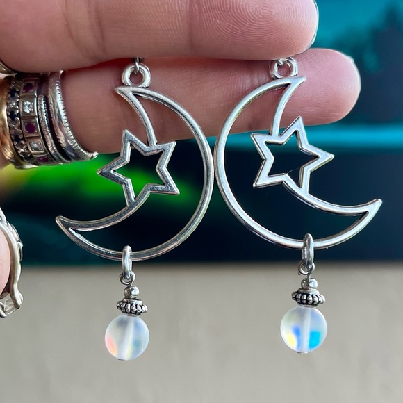 Set ! Moon star & iridescent opalite beads necklace + matching earrings boho - Picture 10 of 13